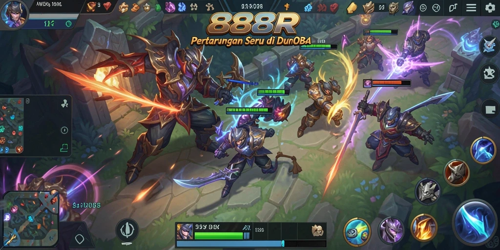 Tampilan seru gameplay MOBA di 888R dengan karakter unik.